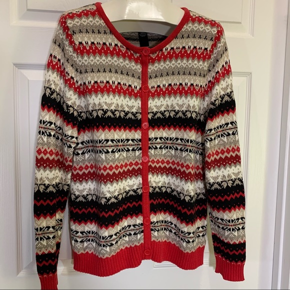Crystal Kobe Red Black Cream Button Up Sweater L - Picture 1 of 8